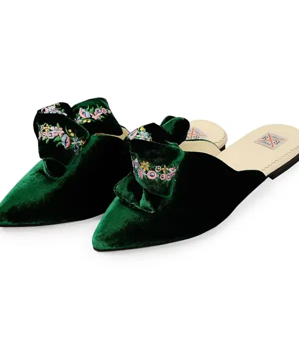 Embroidered Green Velvet Flats - Shoes