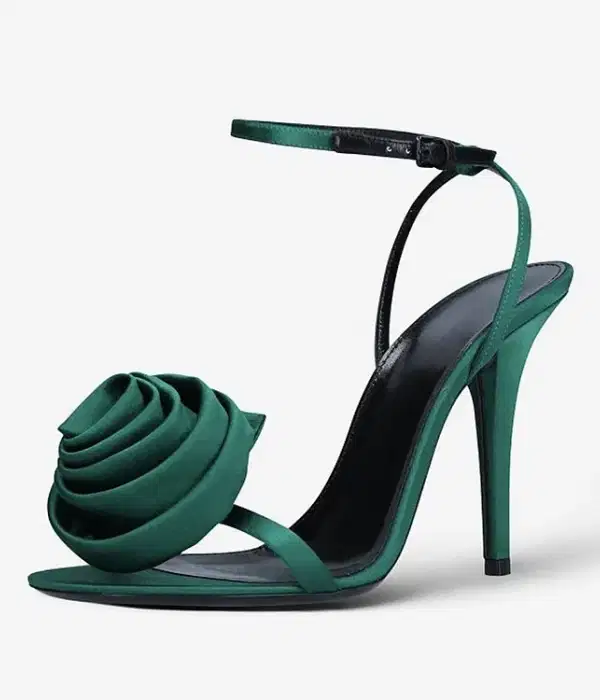 Green Satin Rose Sandals - Shoes