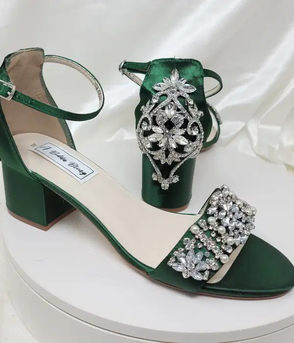 Green Block Heels with Pearl and Crystals - Shoes