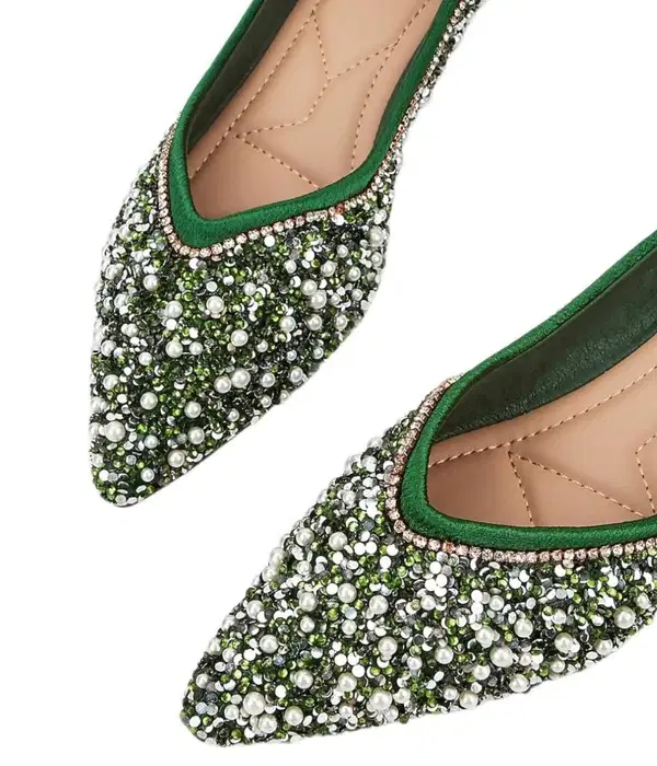 Green Pearled Party Flats - Shoes