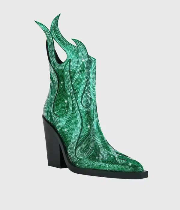 Rhinestone Embellished Green Ankle Boots - Shoes