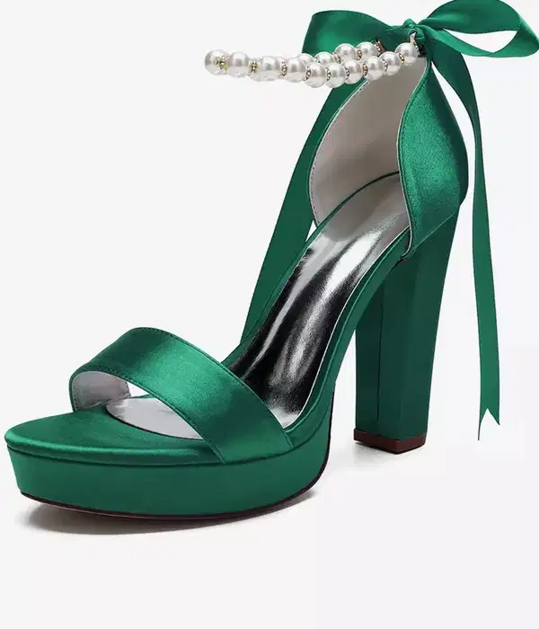 Green Satin Pearl Platforms - Shoes