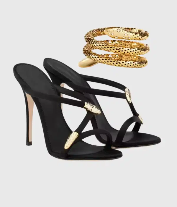 Dora Rhinestone Snake Sandals In Black - Shoes