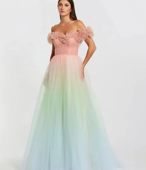 Multicolor Off The Shoulder Ombre Tulle Ballgown - Dresses