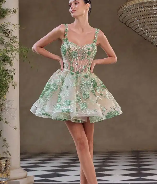 Green Sequin Floral Mini Dress - Dresses