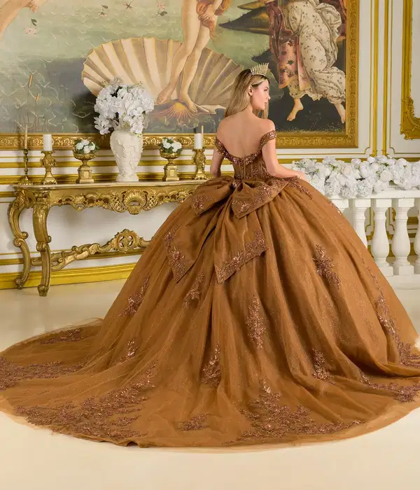 Beaded Off Shoulder Mocha Ball Gown - Dresses