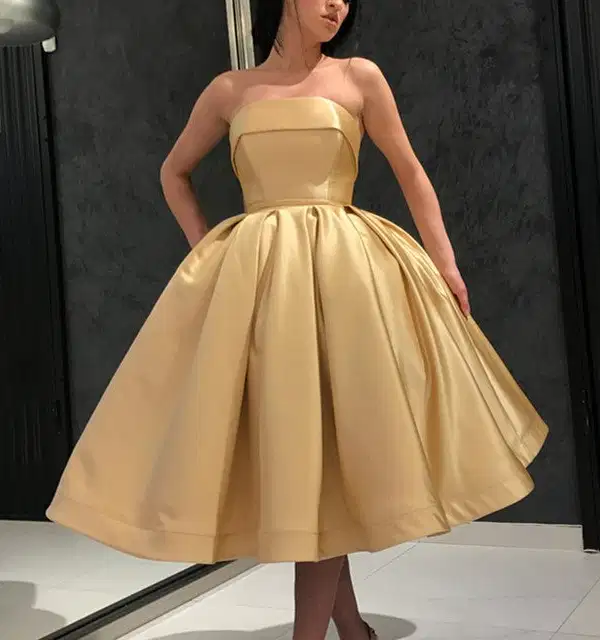 Gold Satin Strapless Ball Gown - Dresses