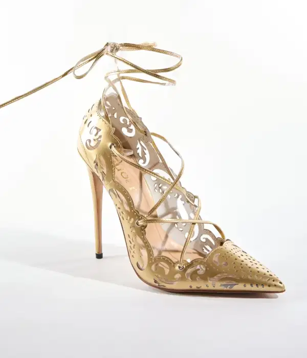 Gold Cutout Pattern Lace Up Pumps - Shoes