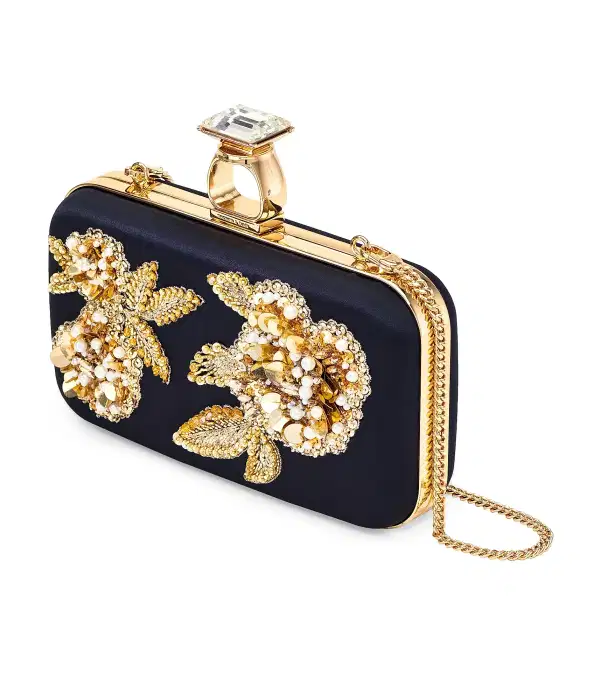 Black and Gold Embellished Satin Clutch - Purses