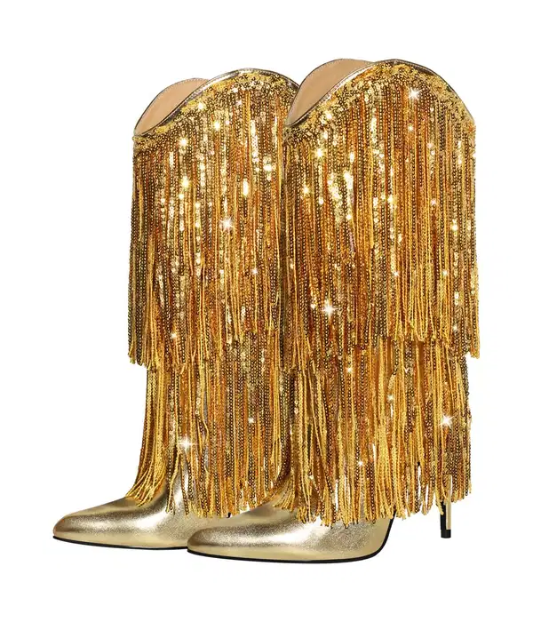 Stilettos Gold Sequin Fringe Boots - Shoes