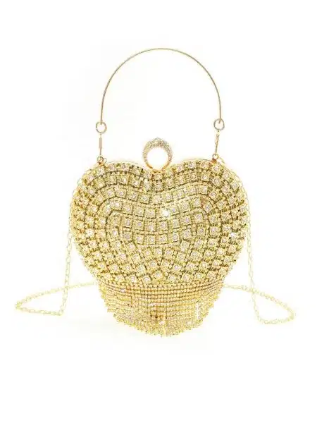 Gold Rhinestone Heart Shape Clutch - Purses
