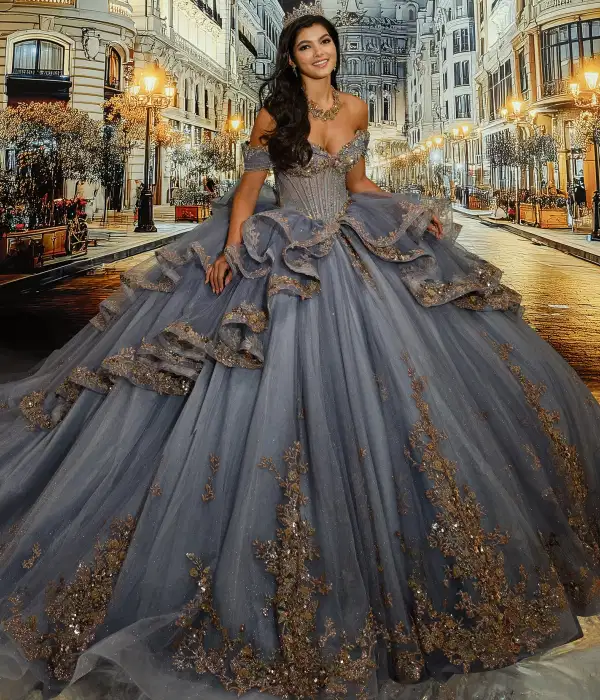 Slate and Gold Boned Bodice Ball Gown - Dresses