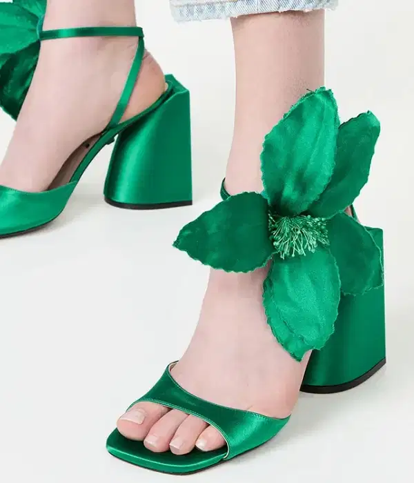 Green Satin Flower Decor Block Heeled Sandal - Shoes