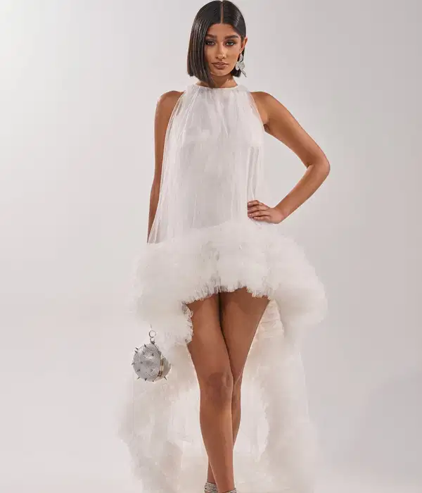 Ari Tulle Ruffle HIgh Low White Mini - Dresses