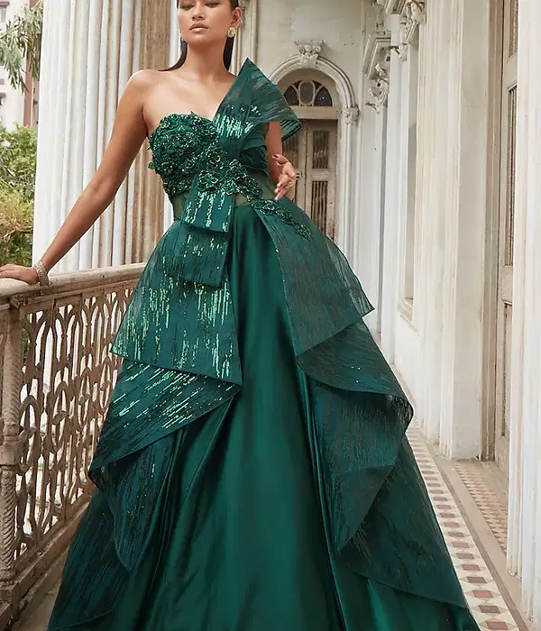 Emerald Green Hand Embroidered Gown - Dresses