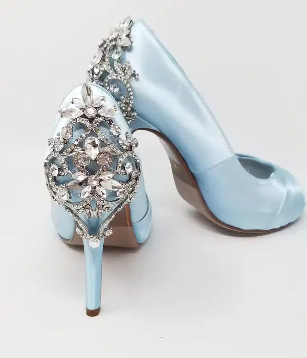 Soft Blue Pumps With Crystal Heel - Shoes