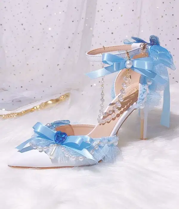 Sky Blue Pearl Bow Prom Womens Heels - Shoes