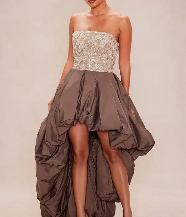 Mocha Bubble High-Low Gown - Dresses