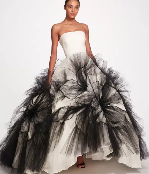 Silk Black Gown with Printed Floral Motif - Dresses
