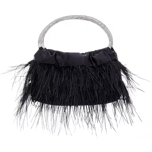 Crystal Handle Feather Pouch in Black - Purses