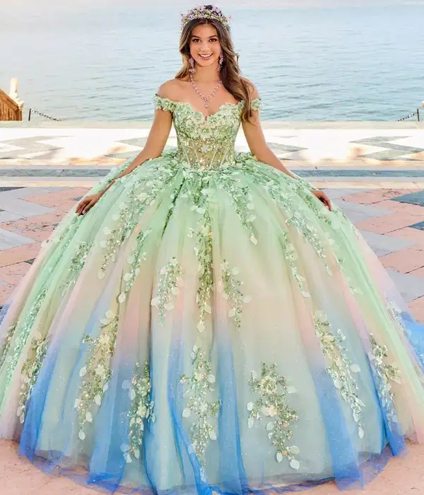 Multicolor Tulle Off Shoulder Gown - Dresses