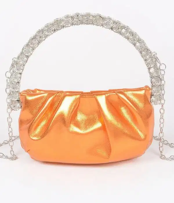 Orange Metallic with Stone Handle Crossbody Bag - Purses