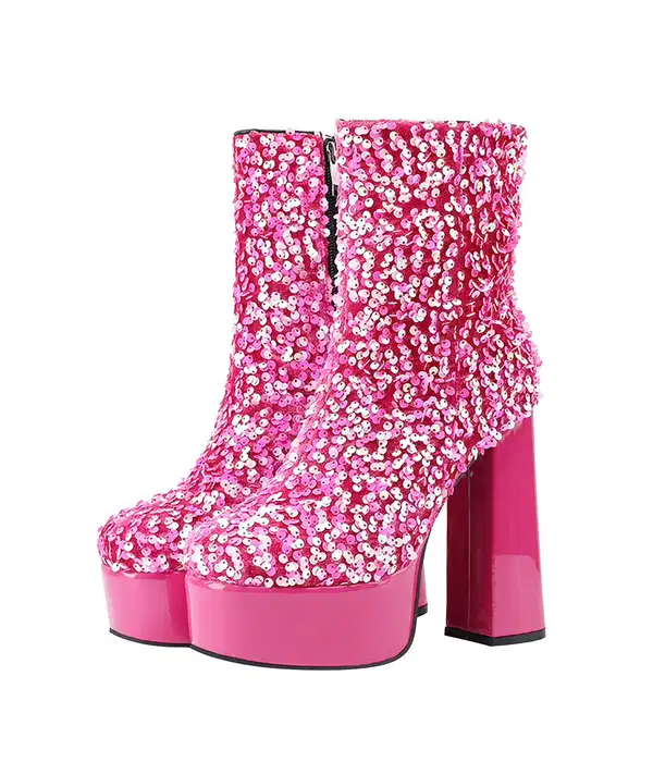 Pink Sequined Ankle Booties - Shoes