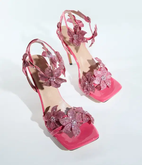 Crystal Flower Strap Sandals In Hot Pink - Shoes