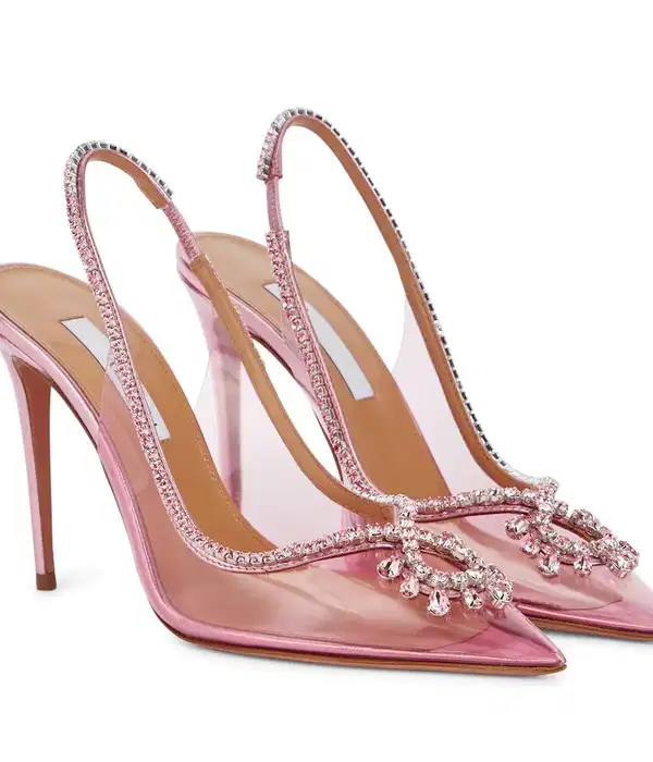 Pointed Toe Pink Heels with Rhinestones - Shoes