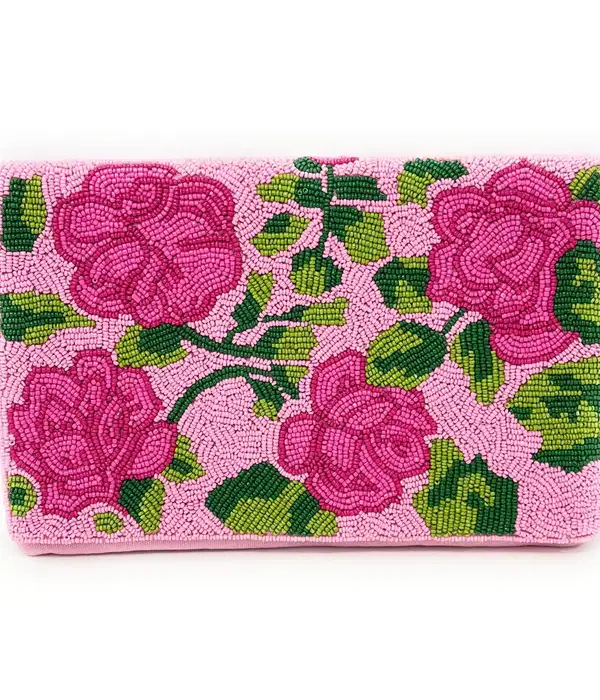 Pink Rose Beaded Clutch Purse - Purses