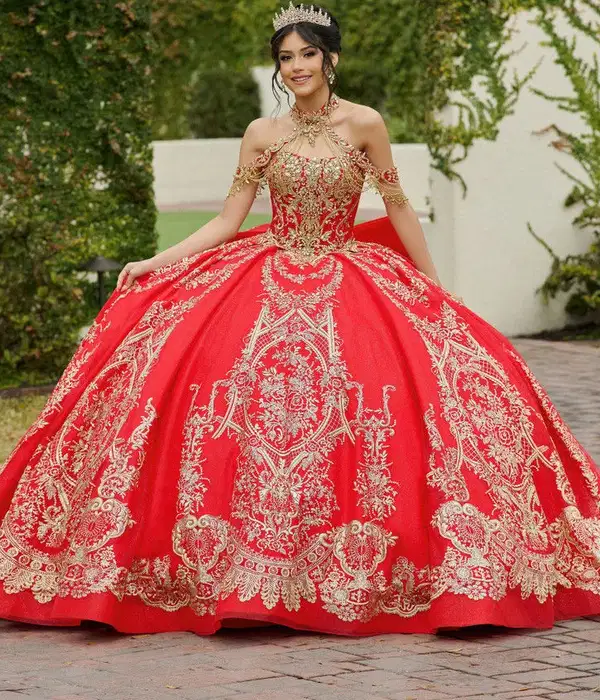 Red and Gold Embroidered Gown - Dresses