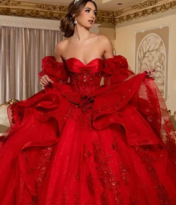 Puff Sleeve Embroidered Applique Ballgown in Red - Dresses