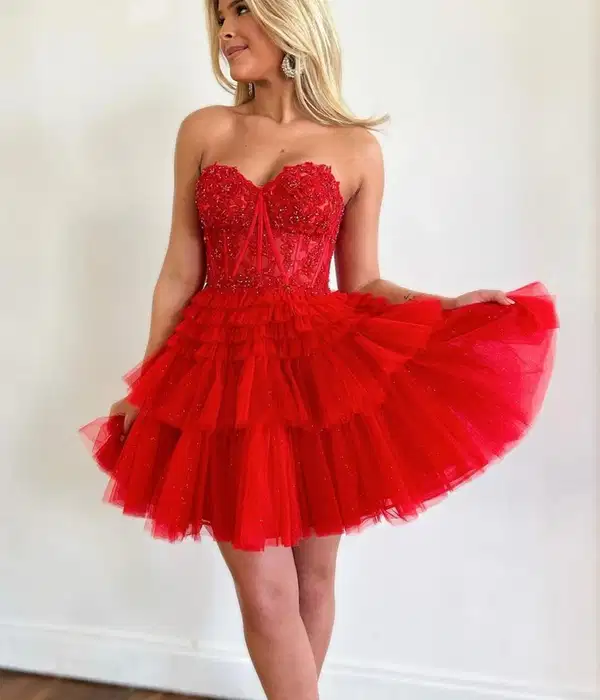 Red Lace Strapless Mini Dress - Quinceañera Dresses