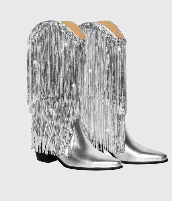 Silver Fringe Leather Cowboy Mid Calf Boots - Shoes