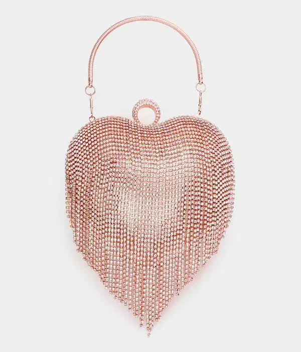 Rose Rhinestone Fringe Heart Evening Tote - Purses