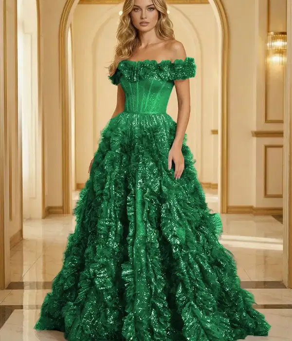 Green Glitter Tulle Ruffled Gown - Dresses