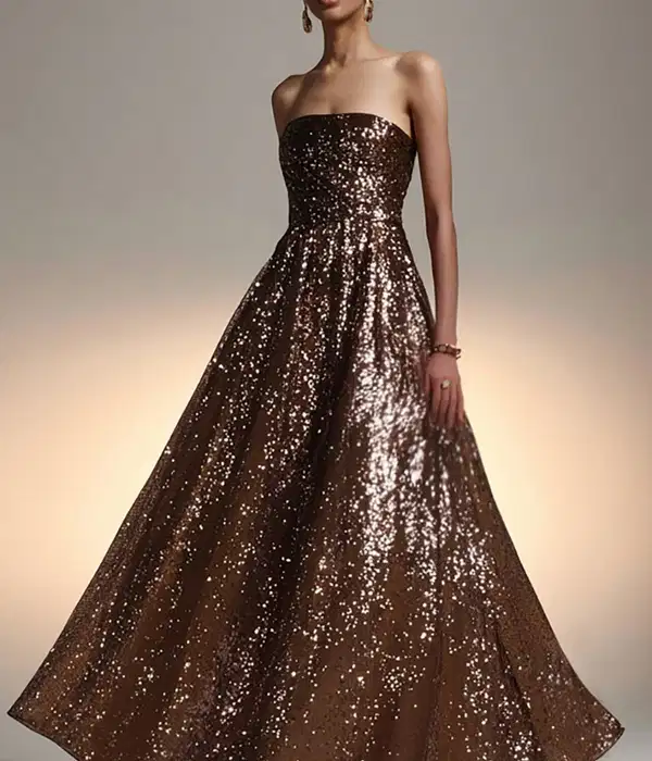 Brown Strapless A-Line Dress with Sequins - Dresses