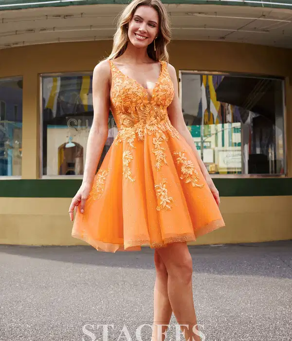 Orange Glittering Short Tulle Dress - Dresses