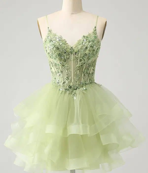 Light Green Short Tiered Dress - Dresses