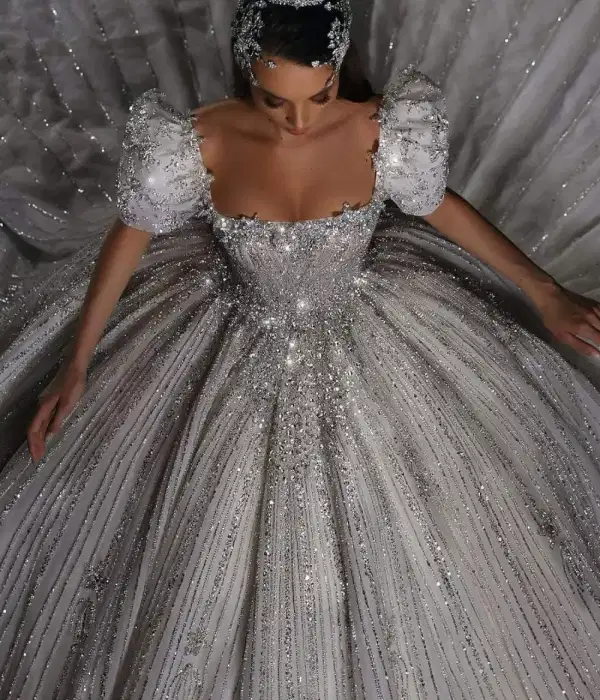 Silver Sequined Short Sleeved Ball Gown - Dresses