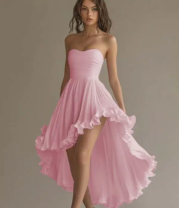 Pink Chiffon High-Low Ruffled Dress - Dresses