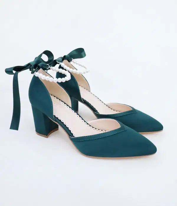 Satin Teal Evening Block Heel Shoe - Shoes