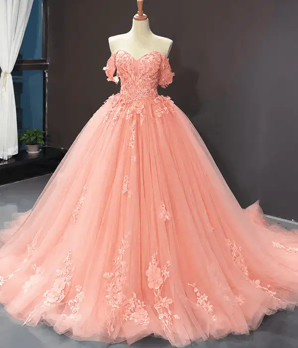 Coral Orange Sweep Train Tulle Gown - Dresses