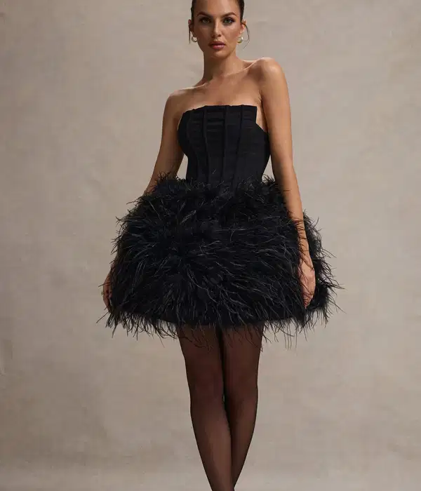Black Strapless Mini Dress With Volume Feather Hem - Dresses