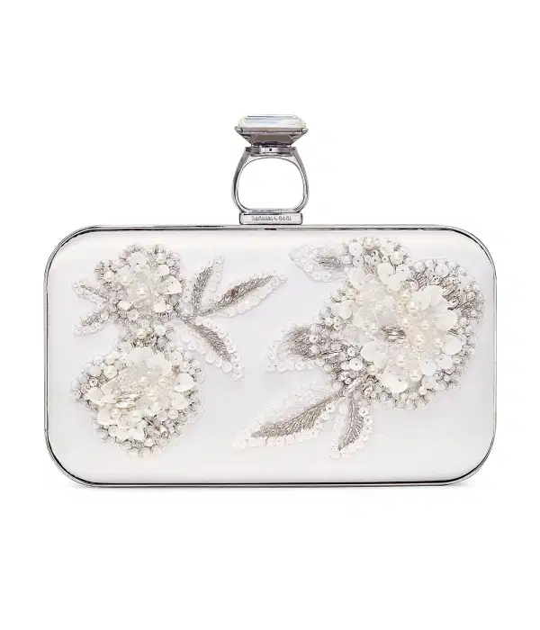 On The Rocks Embellished White Satin Clutch - Purses