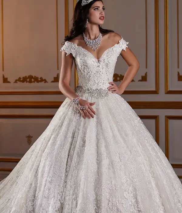 House of Wu White Metallic Lace Gown - Dresses