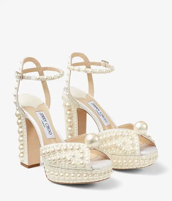 White Satin Pearl Platform Sandals - Shoes