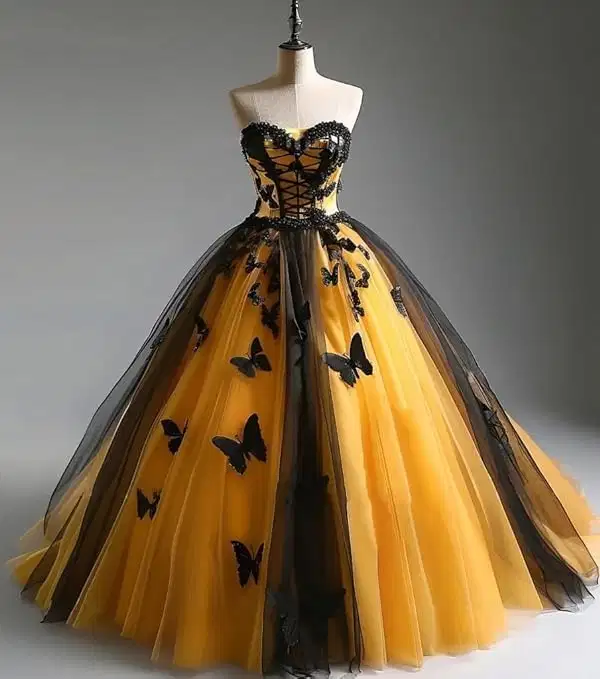Black and Yellow Butterfly Gown - Dresses