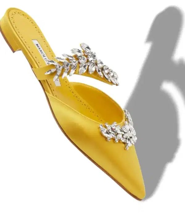 Yellow Satin Crystal Embellished Flat Mules - Shoes