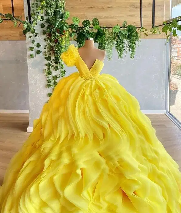 Yellow Organza Strapless Mis Quince Dress - Dresses